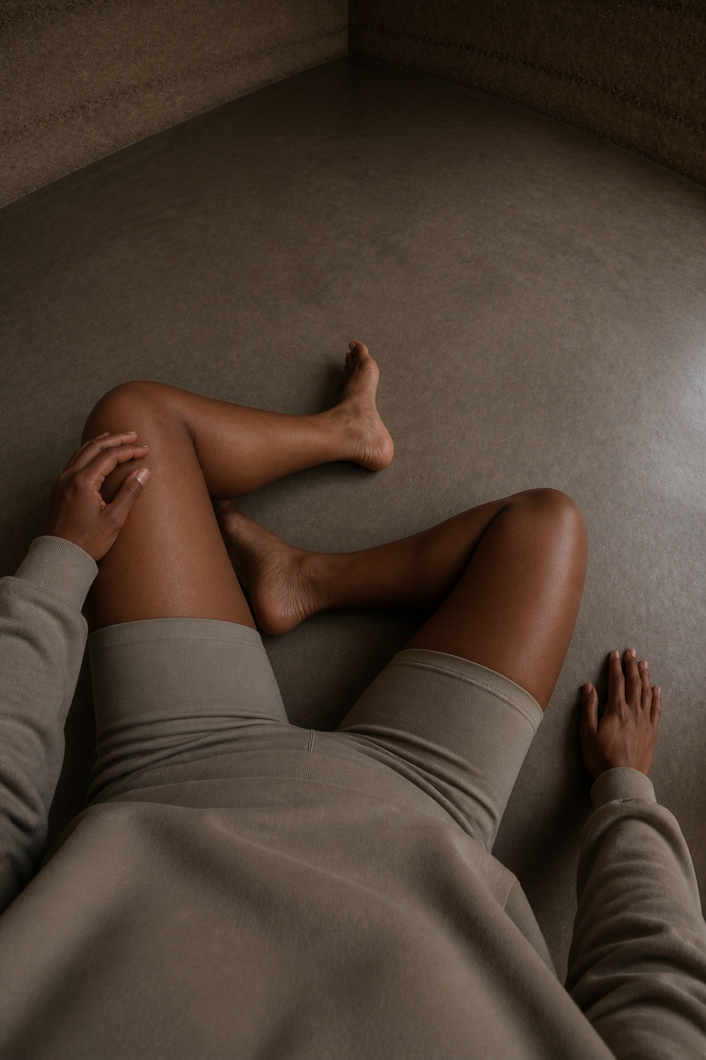 A first-person view looking down at one's own folded-leg floor-sitting position