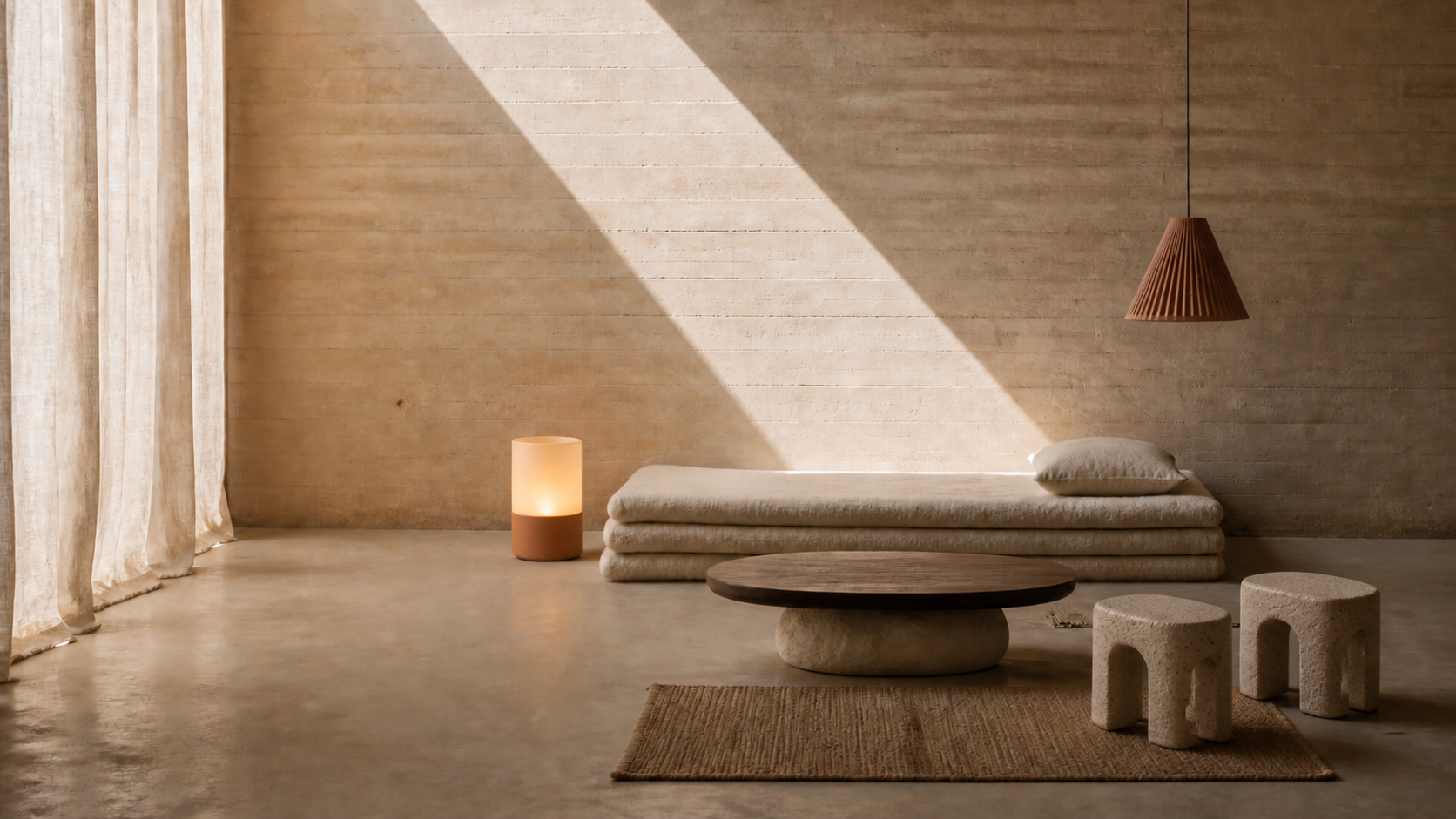 A furnished earthen room with hemp curtains moving gently in light from above