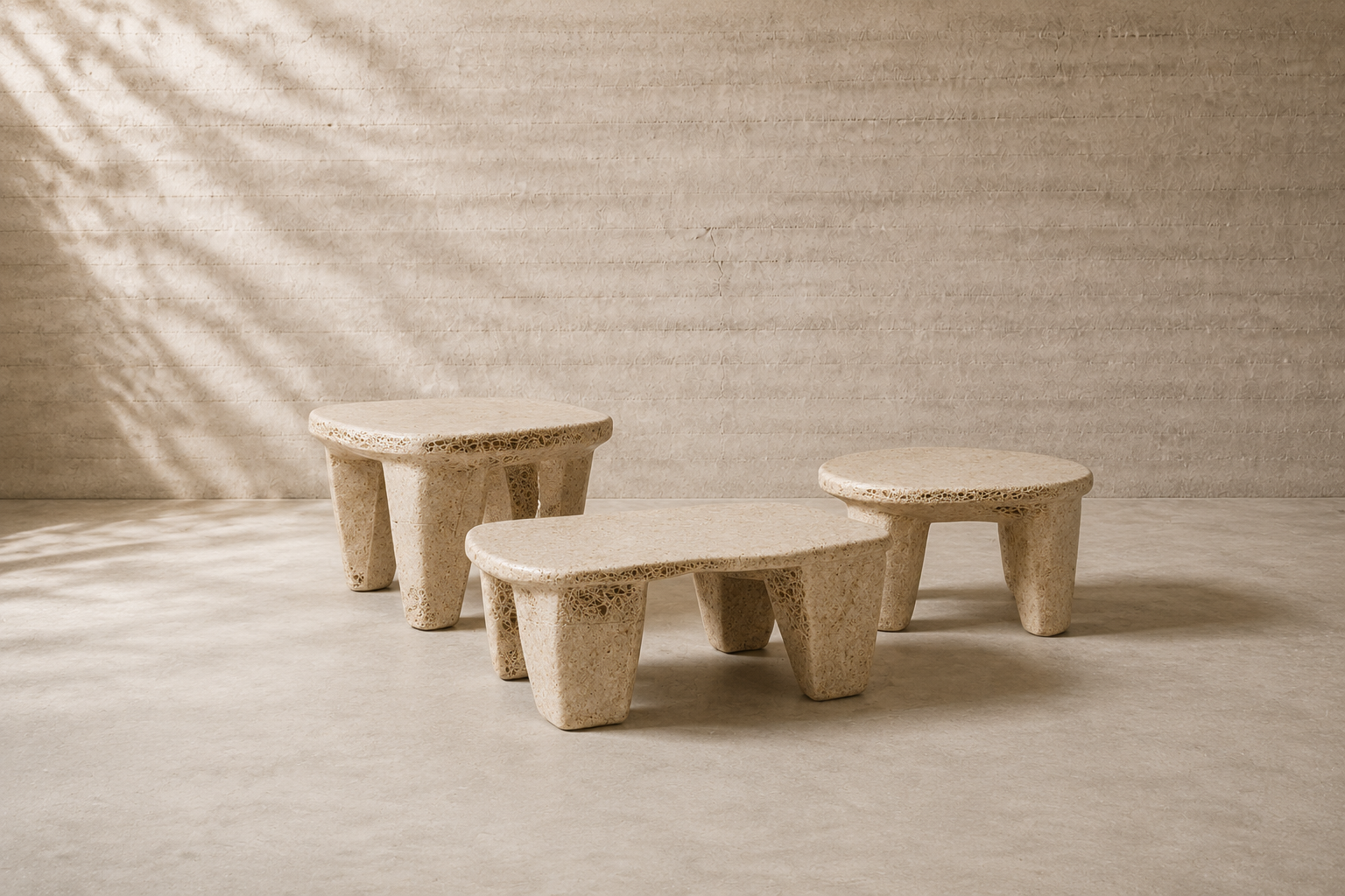 Three low mycelium stools arranged in a softly lit earthen room